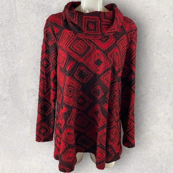 Ali Miles Sweaters - Ali Miles Sweater Womens Large Red Black Cowl Sleeve Art To Wear A99